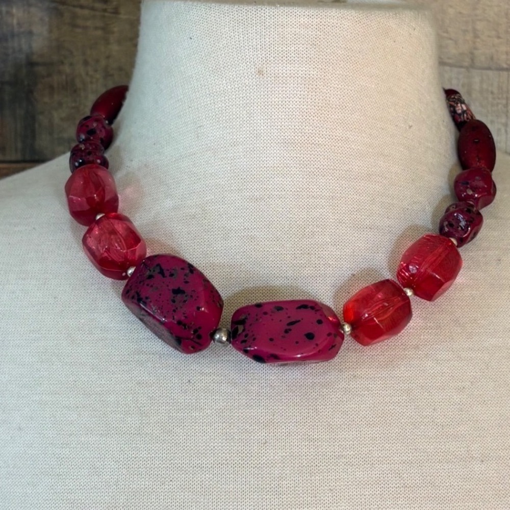 Chunky Red Magenta Beaded Statement Necklace Adjustable Lobster Clasp